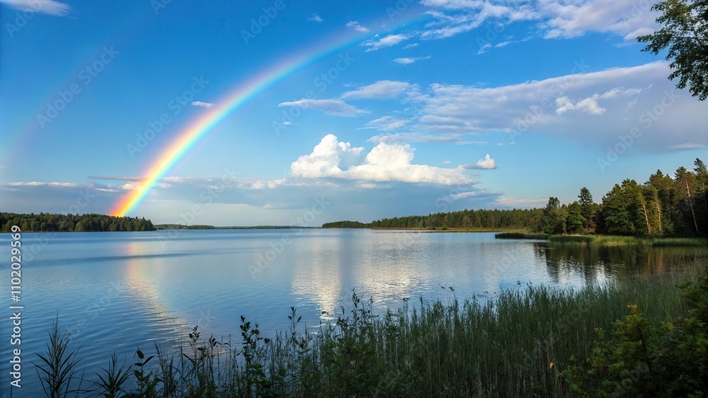 Softly glowing rainbow colors are reflected in the calm surface of a serene lake on a clear blue sky day, reflection, peaceful, sky, calm Softly glowing rainbow colors are reflected in the calm surface of a serene lake on a clear blue sky day, reflection, peaceful, sky, calm