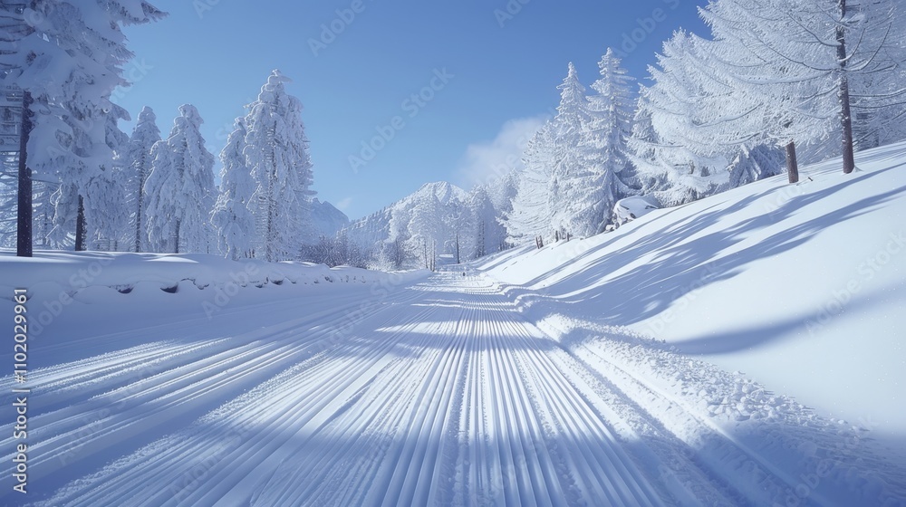 Scenic snow covered mountain trail flanked by pine trees beneath a clear blue sky Scenic snow covered mountain trail flanked by pine trees beneath a clear blue sky