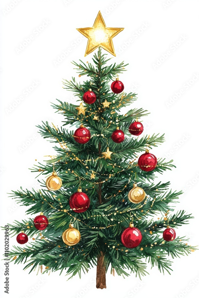 Lush Green Christmas Tree with Red and Gold Ornaments and Star Topper Perfect for Holiday Celebrations and Festive Decorations Lush Green Christmas Tree with Red and Gold Ornaments and Star Topper Perfect for Holiday Celebrations and Festive Decorations