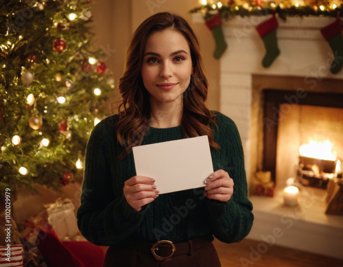 First-person view of a woman holding a blank card during Christmas, surrounded by holiday decor, cozy textures, and warm lighting, perfect for personal or seasonal messages