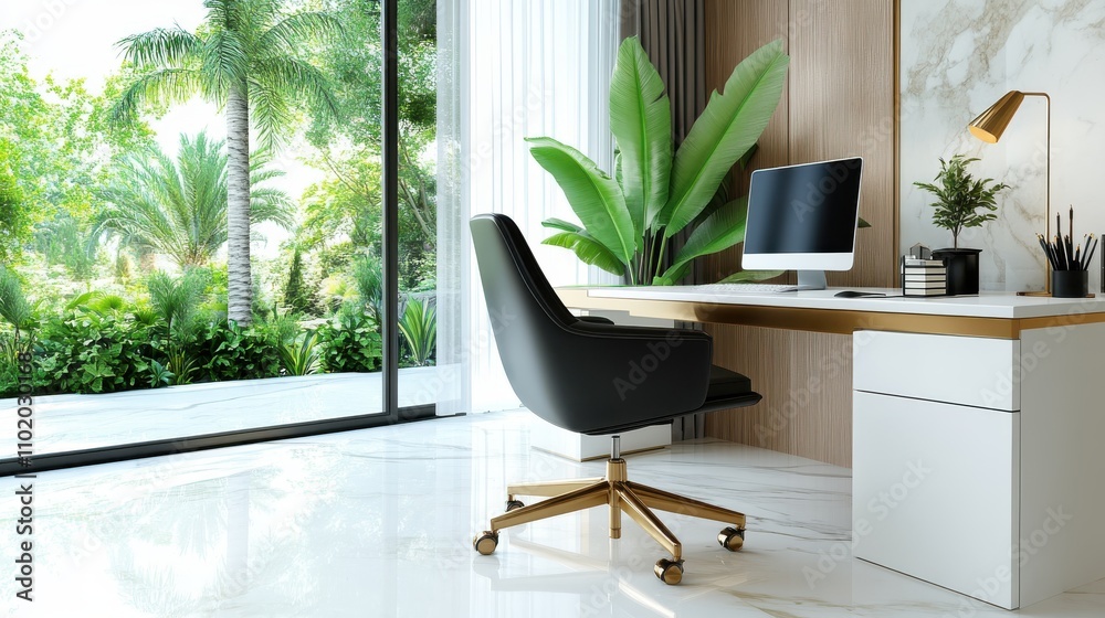 A sleek modern office space featuring a stylish chair and desk, large windows revealing lush palm trees and a serene, natural outdoor view. A sleek modern office space featuring a stylish chair and desk, large windows revealing lush palm trees and a serene, natural outdoor view.