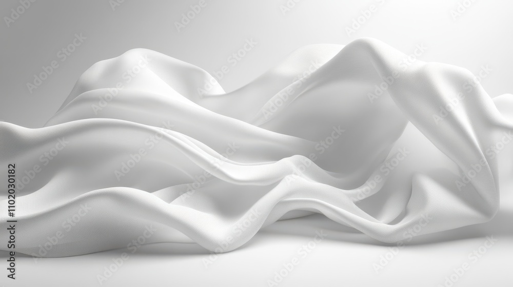 Fototapeta premium Elegant white fabric draped softly, creating a smooth and flowing texture against a light backdrop, This image is perfect for design projects, fashion themes, or backgrounds in advertising,