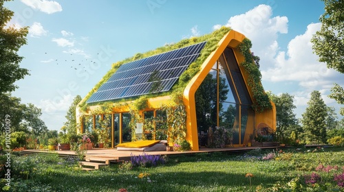 Greenhouse energy with solar panels in the garden. 3d rendering.