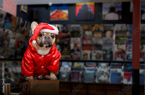 A charming bulldog dog against a blurred background of a large number of vinyl records in a certain trading floor. photo