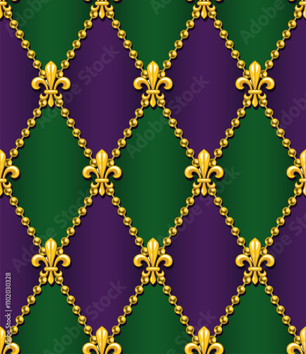 Geometric Mardi Gras pattern with yellow Fleur de lis symbol, strings of beads. Diagonal classic rhombus grid. Harlequin volumetric ornament. Vintage style.