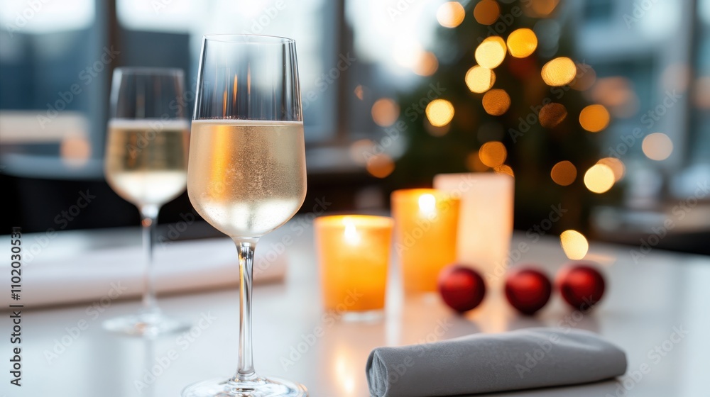 This image showcases an elegant table setting featuring glasses of wine, glowing candles, and a blurred background with festive lights, creating a warm ambiance. This image showcases an elegant table setting featuring glasses of wine, glowing candles, and a blurred background with festive lights, creating a warm ambiance.