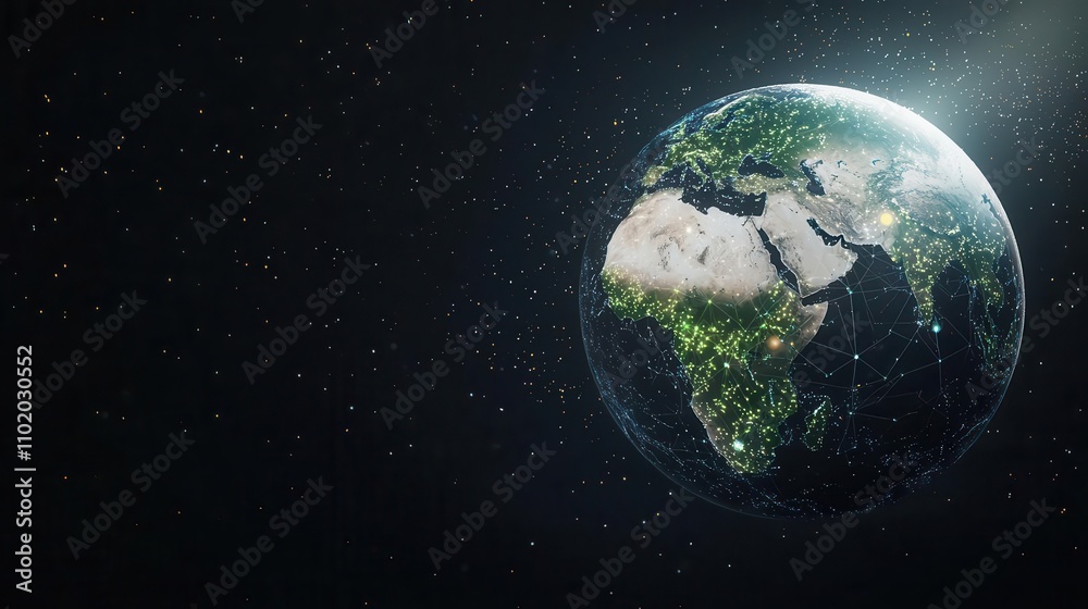 Globe with green energy icons and portfolio metrics overlayed, sustainable investment focus