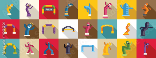 Inflatable advertising icons set. Colorful inflatable tube men and arches are dancing and waving, perfect for advertising, marketing, and special events