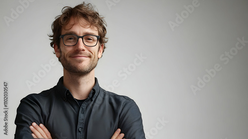 Smiling professional portrait office half body bright environment eye-level view featuring occupation success