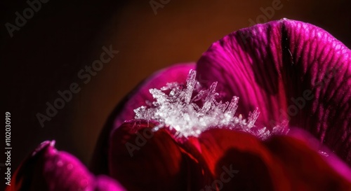 Macro beauty of snowflake on vibrant flower petal photo