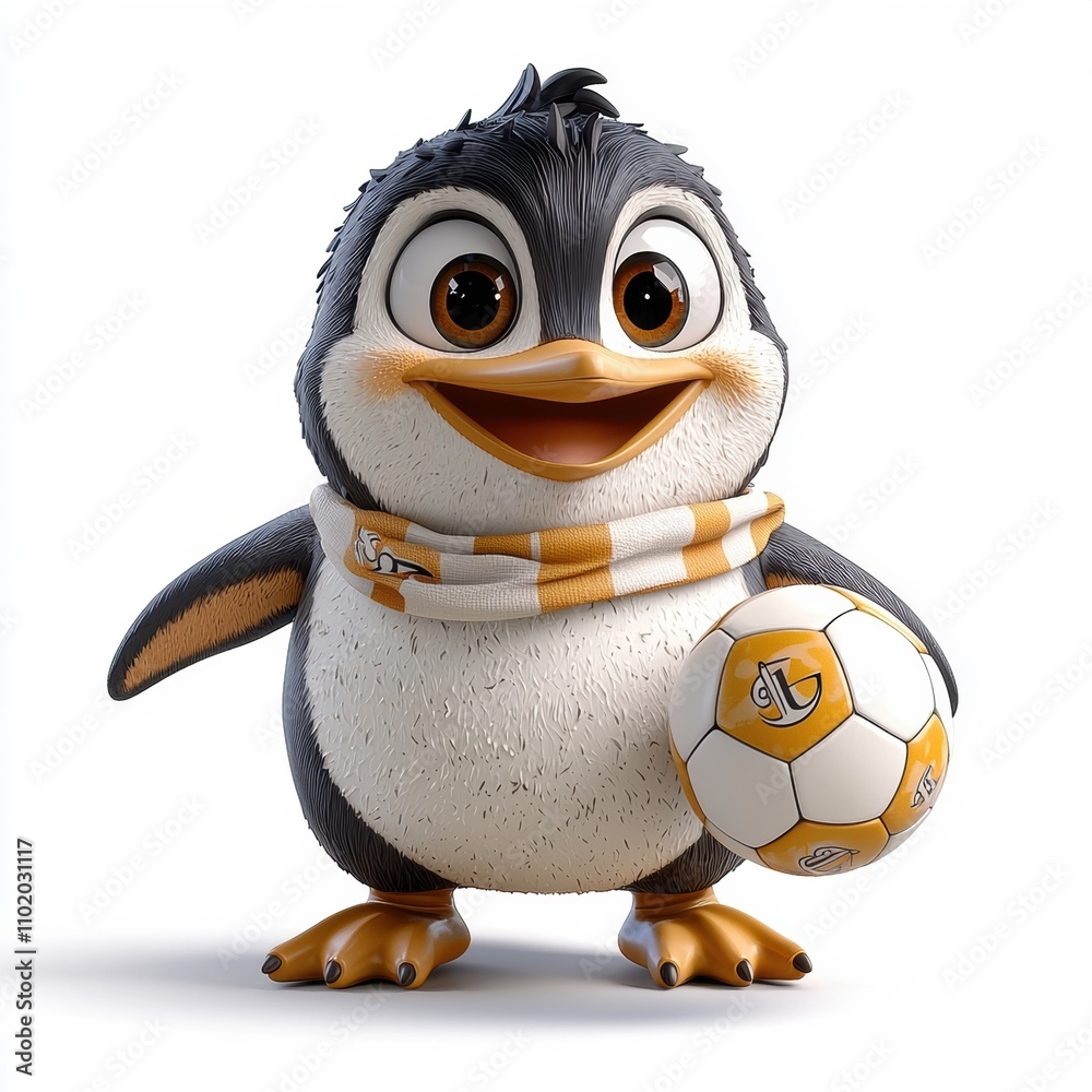 Obraz premium Playful Penguin with Soccer Ball: A charming 3D penguin mascot smiles brightly, showcasing its adorable personality while holding a soccer ball, ready to kick off some fun! 