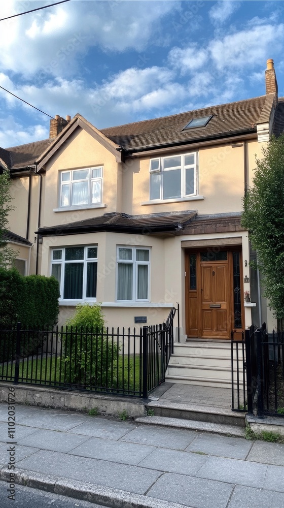 Fototapeta premium A well-maintained Victorian house features elegant architectural details, large windows, and a welcoming entrance surrounded by a green garden in a peaceful neighborhood