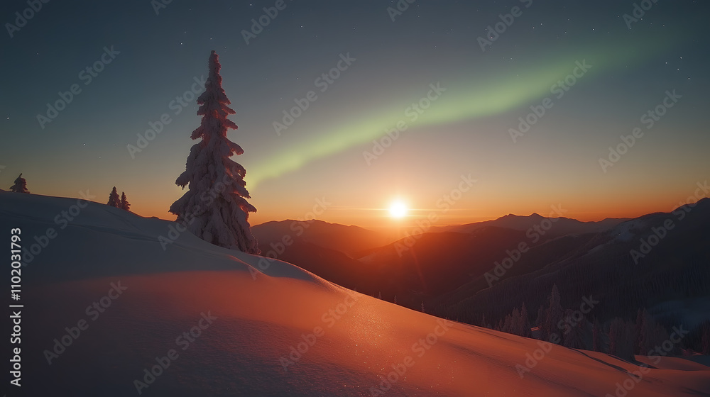 Aurora in the Sky Shines on Snow-Covered Hills – A Stunning Winter Landscape with Northern Lights Illuminating the Frozen Terrain Aurora in the Sky Shines on Snow-Covered Hills – A Stunning Winter Landscape with Northern Lights Illuminating the Frozen Terrain