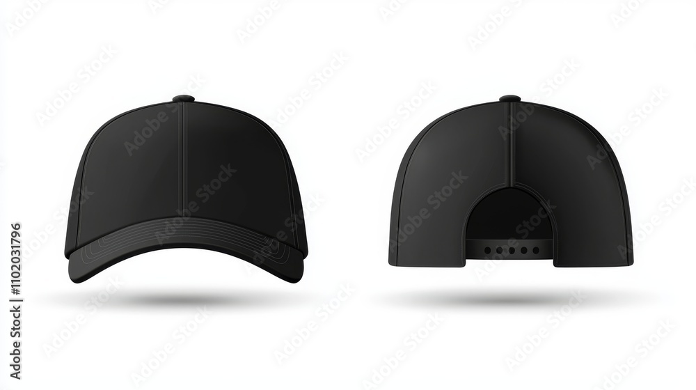 A set of authentic black caps, comprising visored baseball caps and uniform hats, useful for headwear design illustrations. A set of authentic black caps, comprising visored baseball caps and uniform hats, useful for headwear design illustrations.