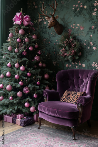 Christmas tree, pink leopard-print baubles, big pink bow on top of the tree, dark green wallpaper with a deer head decoration on the wall, a purple velvet leopard-print chair 