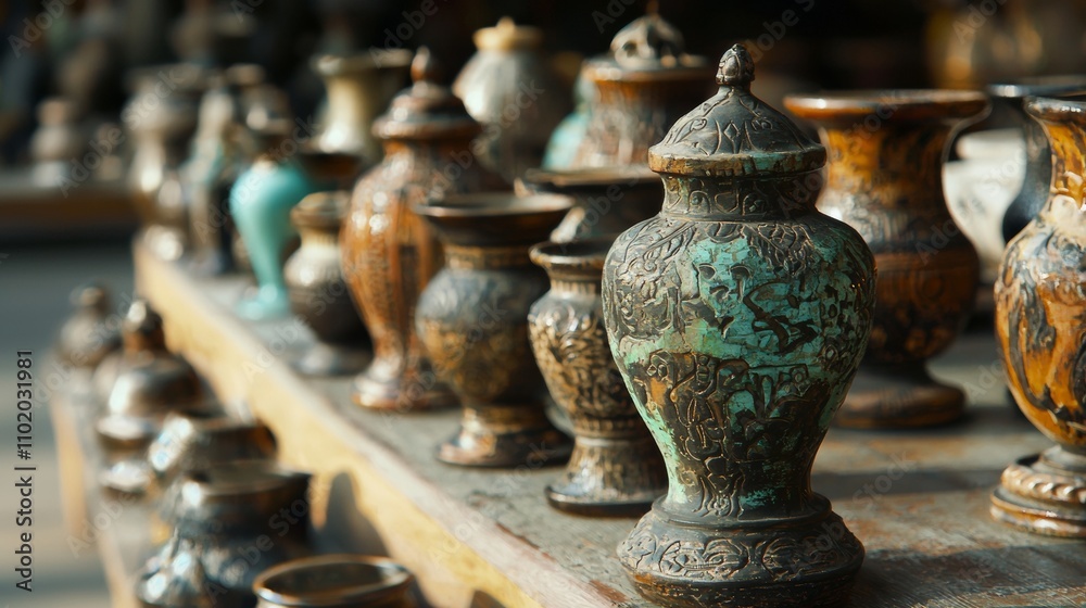 Row of decorative antique vases displayed on a wooden table Row of decorative antique vases displayed on a wooden table
