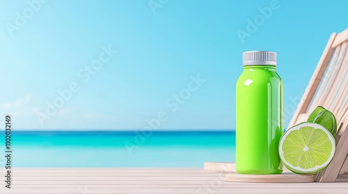 A bottle of green juice is placed on a lounge chair overlooking an infinity pool.