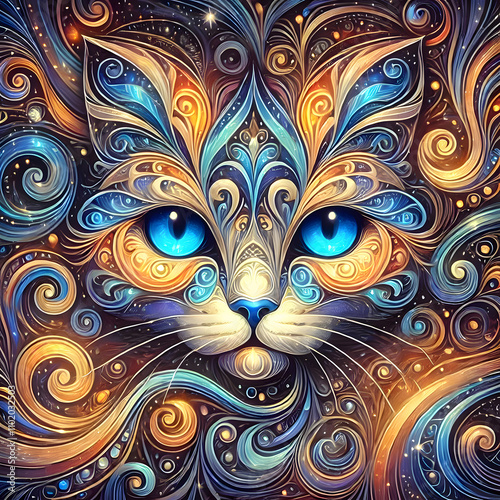 Fractal background with feathers cat 