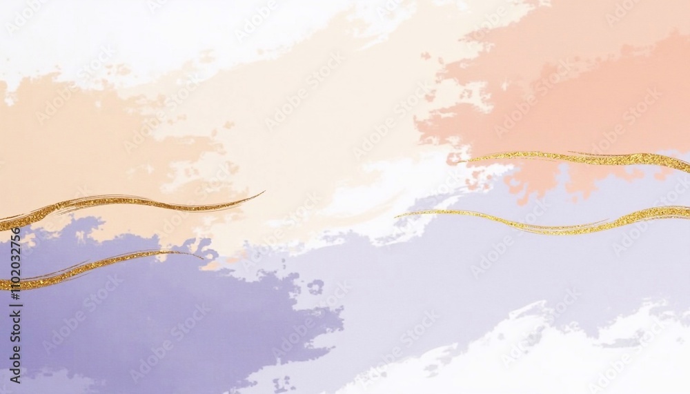 Obraz premium Background with textured brushstrokes in the shades of the year: 'Digital Lavender' blue, creamy beige and warm peach, thin gold lines, festive background, wallpaper, banner