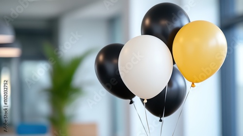 A vibrant bunch of black, white, and yellow balloons floating in a sleek modern space, symbolizing celebration and joy, with a backdrop of lush greenery. photo