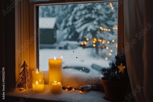 Cozy Winter Scene. Snow and a Candlelit Window, Embracing the Serenity of Season. Warm, inviting window view with Christmas lights. Snowflakes and flickering candles, perfect for winter imagery. photo