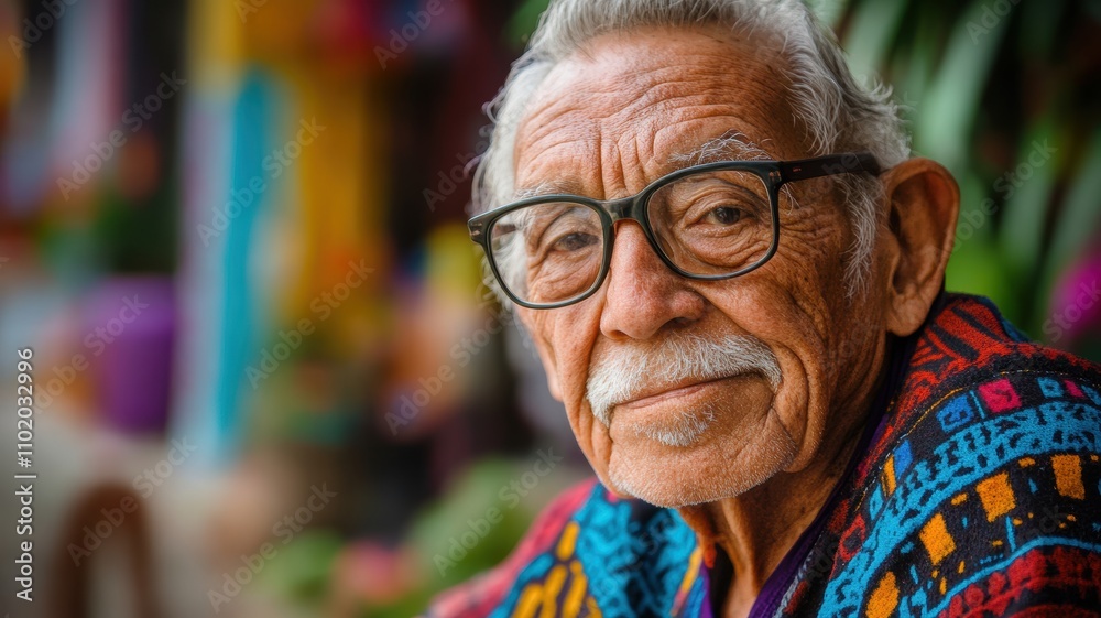 Close-up portrait of an elderly man wearing glasses and colorful patterned clothing, smiling softly against a blurred, vibrant background. Close-up portrait of an elderly man wearing glasses and colorful patterned clothing, smiling softly against a blurred, vibrant background.