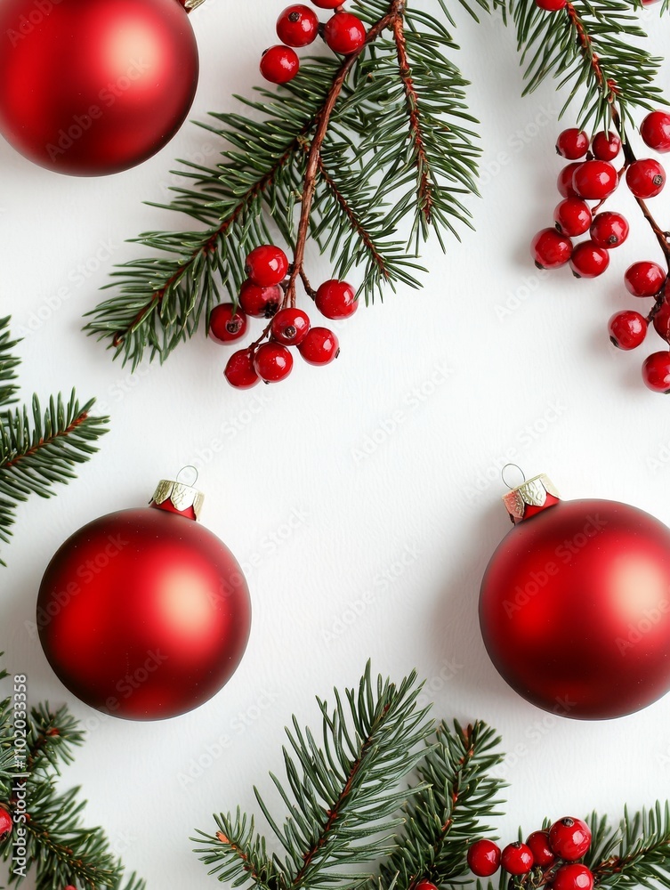 Sparkling red glitter ornaments featuring pine branches, berries, and golden flecks. Sparkling red glitter ornaments featuring pine branches, berries, and golden flecks.