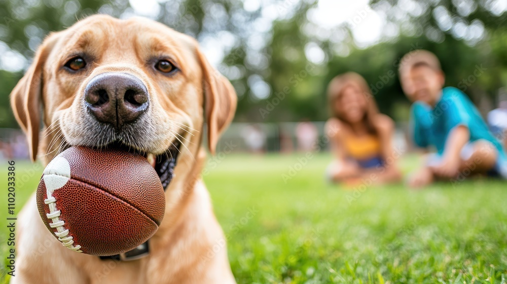 A playful Labrador retriever happily holds a brown football while lying on green grass, with two blurred people in the background enjoying the outdoor scene. A playful Labrador retriever happily holds a brown football while lying on green grass, with two blurred people in the background enjoying the outdoor scene.