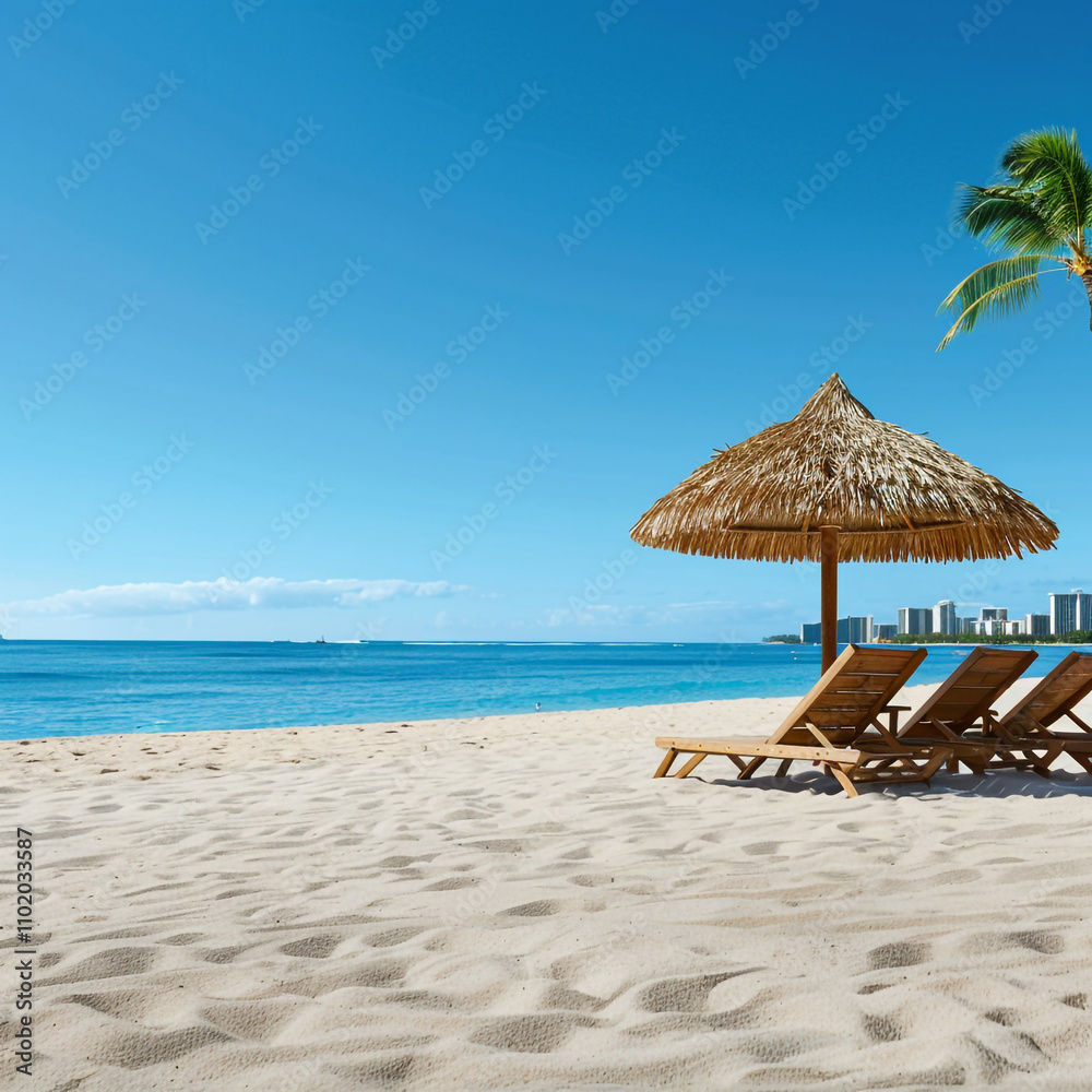 Stunning Side View of Waikiki Beach with Sunbeds and the Ocean Stunning Side View of Waikiki Beach with Sunbeds and the Ocean