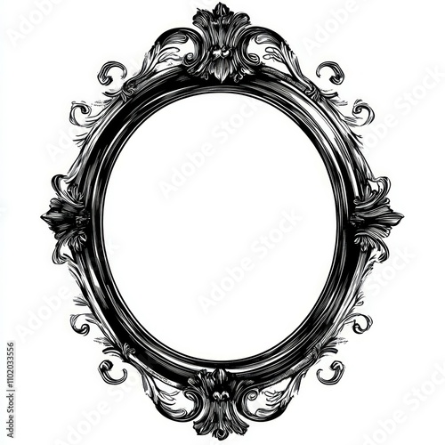 Gothic style black oval picture frame clipart mockup on white background