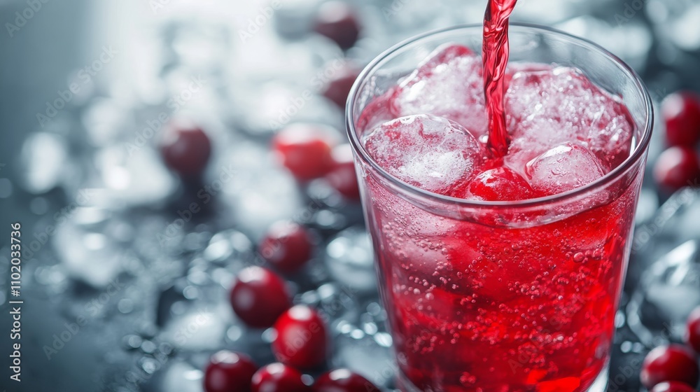 Refreshing vibrant red beverage being poured into a glass surrounded by ice and berries Refreshing vibrant red beverage being poured into a glass surrounded by ice and berries