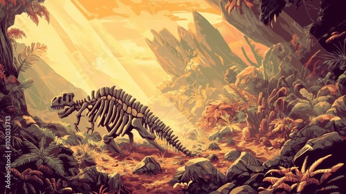 Comic-style glowing plants and vines with dinosaur bones in a textured scene photo