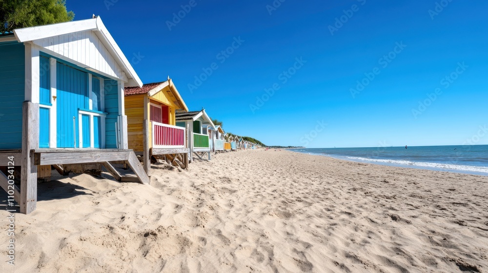 A collection of vivid beach cabins in multiple shades stand facing a clear, expansive white sandy beach against a backdrop of the endless serene blue sea and sky. A collection of vivid beach cabins in multiple shades stand facing a clear, expansive white sandy beach against a backdrop of the endless serene blue sea and sky.