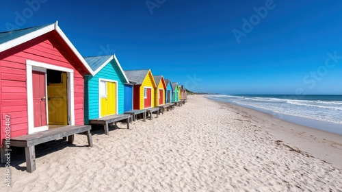 A row of vibrant beach huts in various colors sits along a sandy beach on a bright sunny day, with the ocean waves gently lapping nearby, creating a serene seascape.