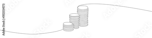 Three stacks of coins from smaller to larger. Increasing budgets, revenues, cash outlays. Money continuous line drawing vector illustration
