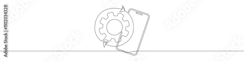 Mobile phone upgrade, update, repair continuous line drawing vector illustration. Setting symbol