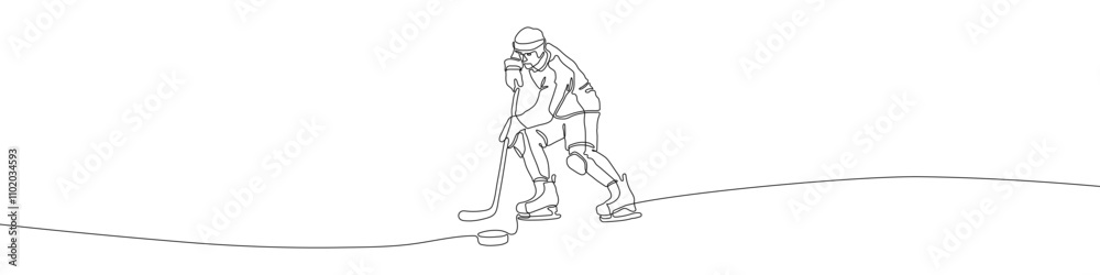 Fototapeta premium Ice Hockey player continuous line drawing vector illustration. Hockey line art symbol