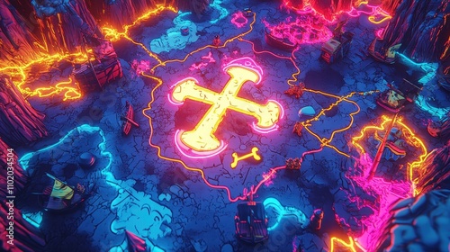 Neon X marks on a glowing treasure map with bold retro pirate details photo