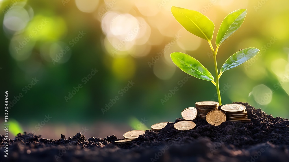 A Young Sprout Growing from a Pile of Coins A Young Sprout Growing from a Pile of Coins