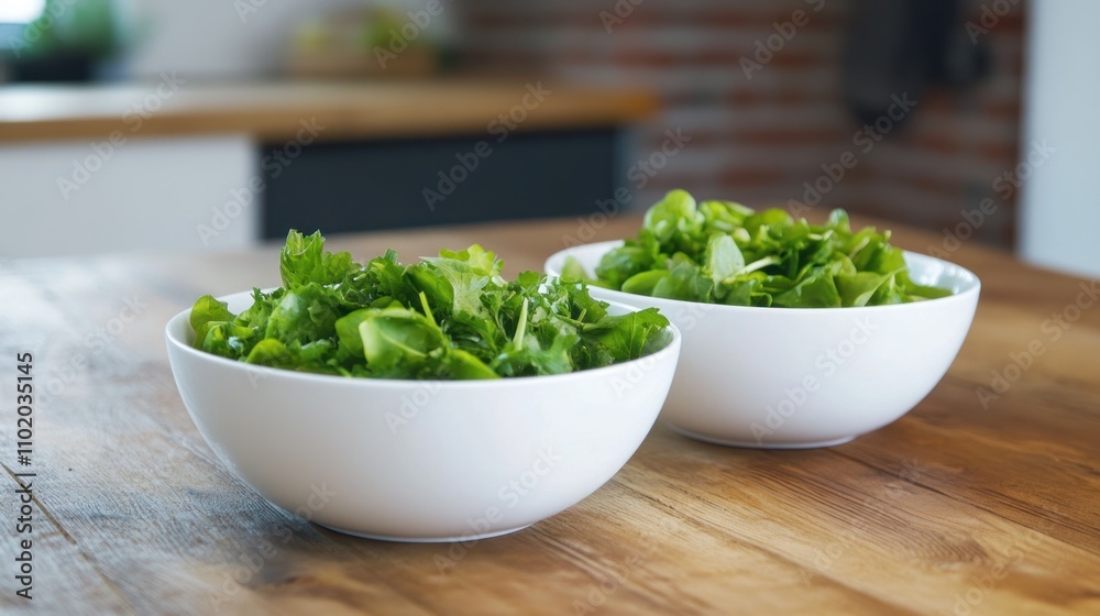 Fresh Green Salad in White Bowls on Wooden Table Fresh Green Salad in White Bowls on Wooden Table