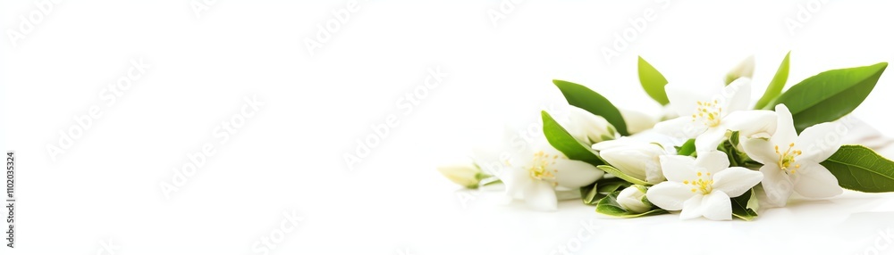 White flowers with green leaves on a white isolated background White flowers with green leaves on a white isolated background