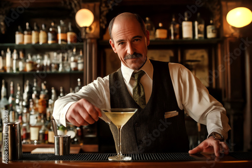 Old-fashioned bartender serving a freshly made martini in a 1920s speakeasy-inspired bar. photo