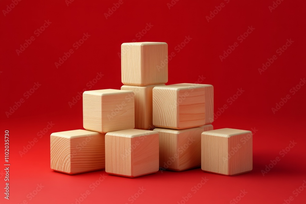 Small wooden cubes blocks and numbers on a red background Small wooden cubes blocks and numbers on a red background