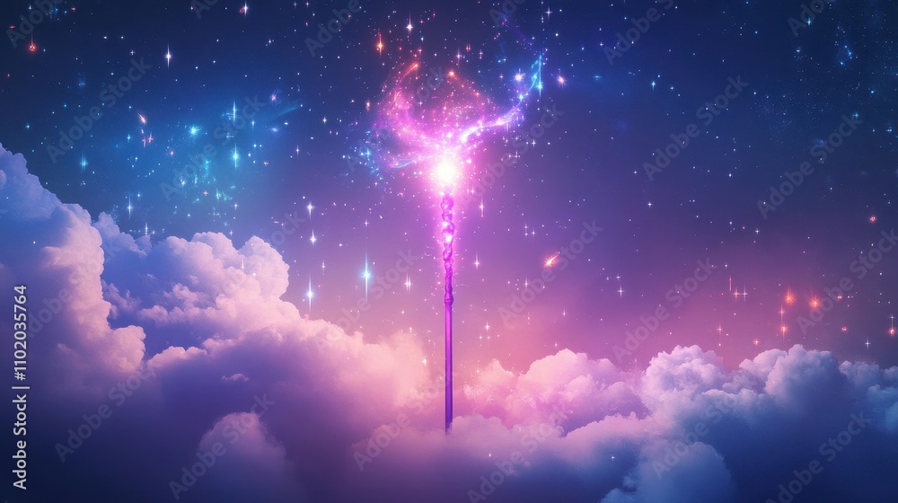 Naklejka premium Wand glowing with neon accents and pastel starry patterns in magical tones