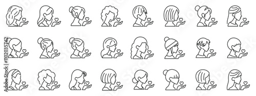 Woman air kiss icons set. Different women holding small hearts, sending love and affection