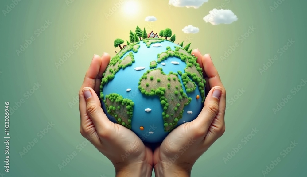 Hands holding a miniature globe with green landscapes and colorful features, symbolizing Earth care Hands holding a miniature globe with green landscapes and colorful features, symbolizing Earth care