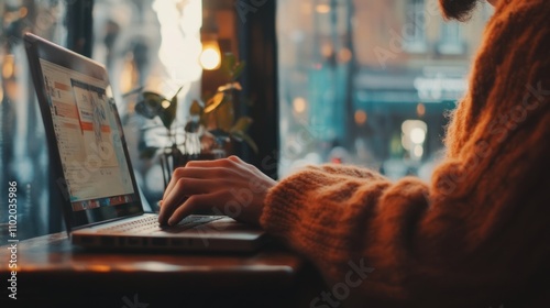 Person using laptop in cafe near window