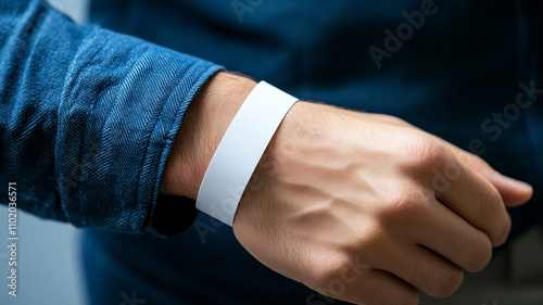 Close-up of a white paper event bracelet on a male wrist. - mockup template for an event.