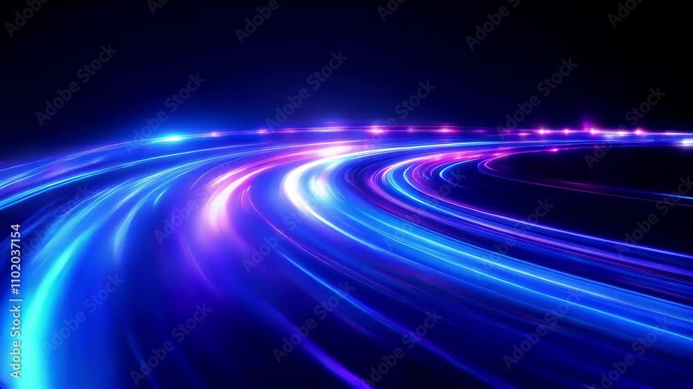 Abstract glowing blue and purple light trails with lights moving fast