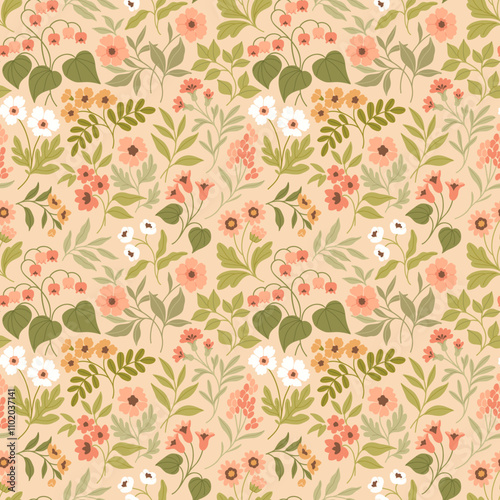Wallpaper Mural Vintage seamless floral pattern. Liberty style background of small pastel flowers. Small blooming flowers scattered over a light peach background. Stock vector for printing on surfaces and web design. Torontodigital.ca